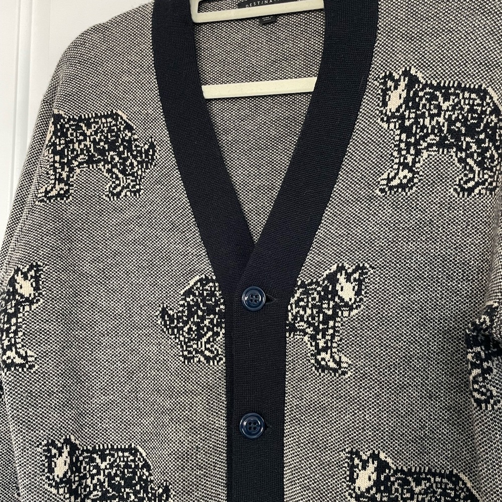 J Crew Merino Wool Cardigan Dogs Sheepdog Gray Black Medium EUC Destination Mens